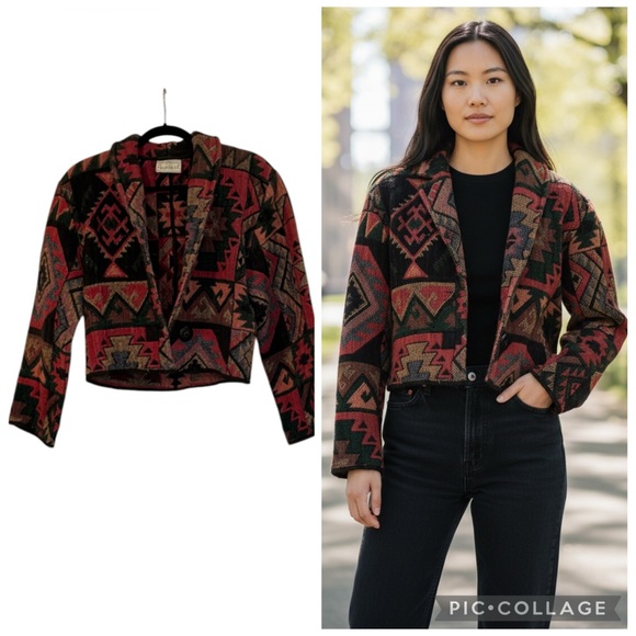Flashback Jackets & Blazers - Flashback Raspberry Multi Aztec Southwestern Cropped Tapestry Jacket Vintage S